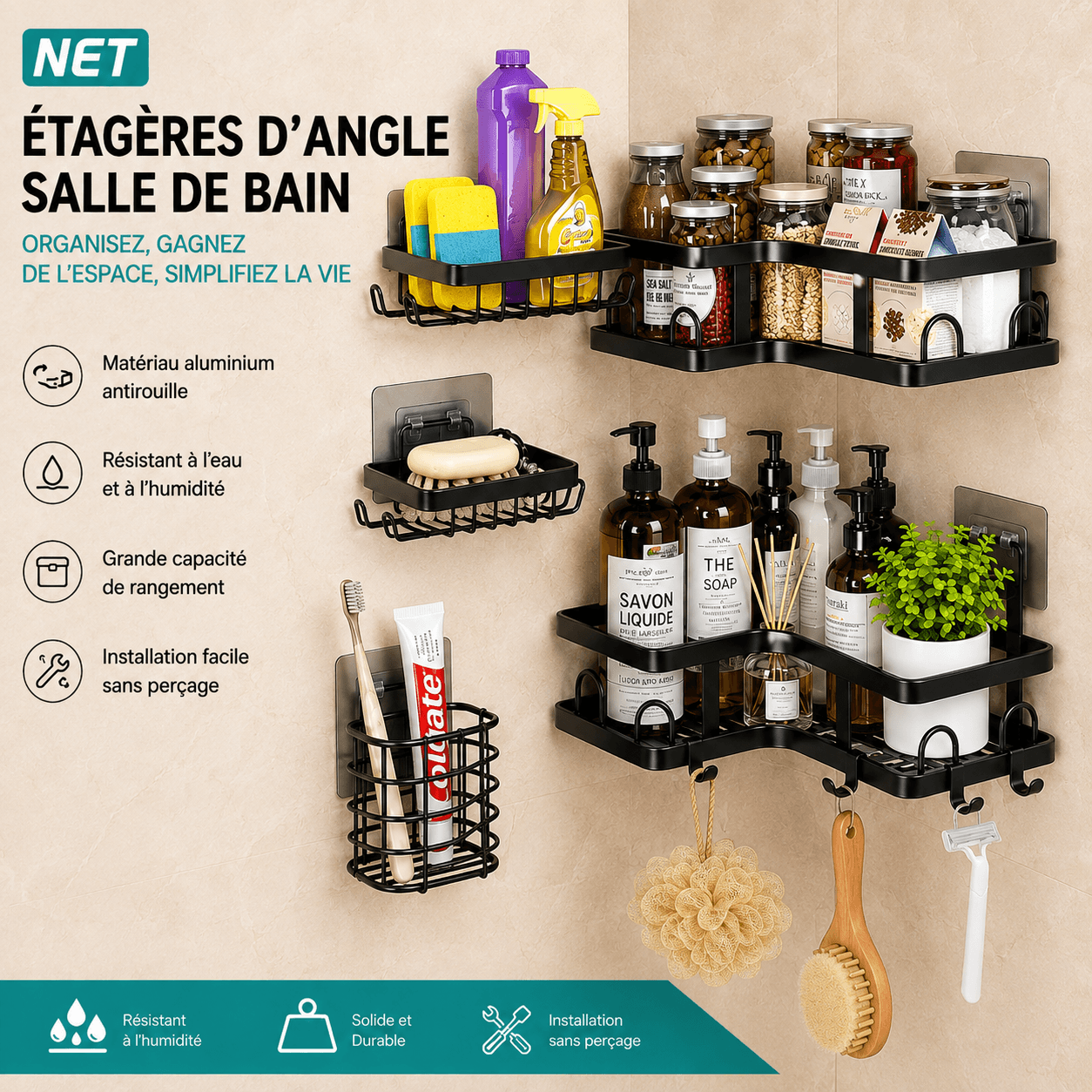 Étagères d’angle de salle de bain — 4 en 1