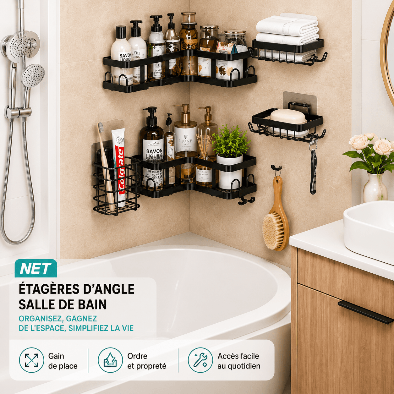 Étagères d’angle de salle de bain — 4 en 1